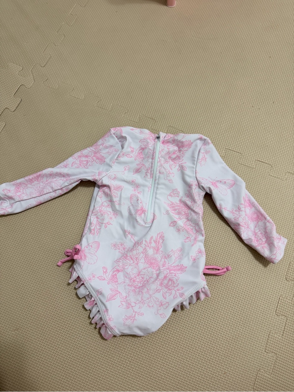 Girls Long Sleeve One-Piece Swimsuit - ruffles bow Pink Floral